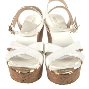 Jimmy Choo Chiara Crossover Cream Patent Leather Wedge Sandals Size 7.5